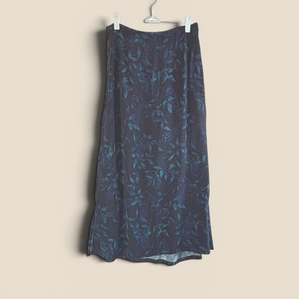 Vintage Maxi Skirt M Black Teal Rayon Paisley Slit Dark Floral Witchy Boho Goth